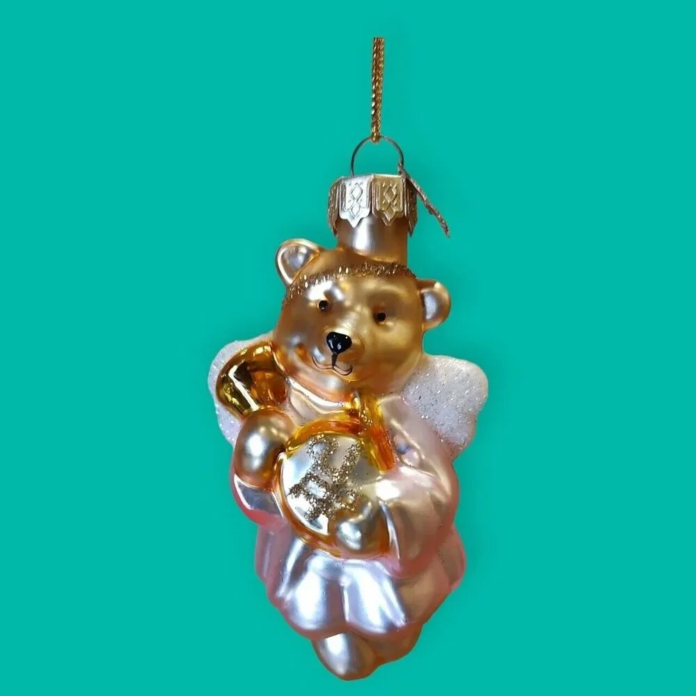 Gold Pink Angel Teddy Bear Ornament Hand Blown Glass Thomas Pacconi Classics '02